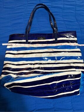 kate spade Navy and White Striped Patent Tote with Royal Blue Accents